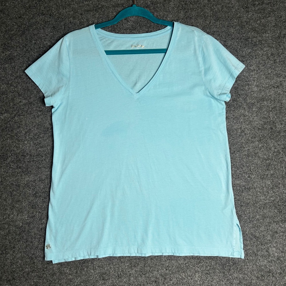 Lilly Pulitzer Womens Blue V-Neck Cotton Short Sleeve T-Shirt Size L